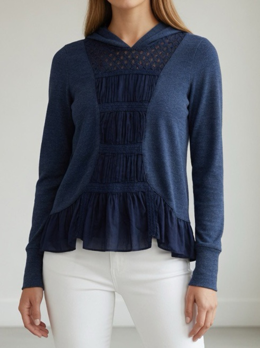 Anthro Eloise Blue Mixed Media Peplum Top Small Crochet Lace Trim Ruffle Hem